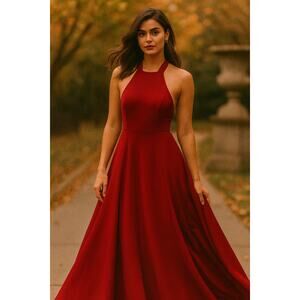 Elegant Red Halter Neck Evening Dress